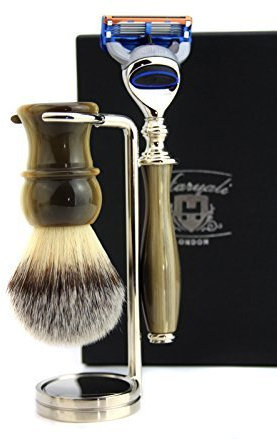 Horn Replica Collection 3-Piece Shaving Set for Men with Shaving Brush with Synthetic Hair & Gillette Fusion Razor + Double Stand for Brush & Razor Haryali Top Selection