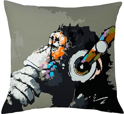 The Beach Stop Creative Chimpanzee Monkey Cushion Cover Gift Scatter Throw Colourful Soft Pillow Case Animal Printed Homeware Accessory Gift 45 x 45cm 18x18 Chimp Headphones