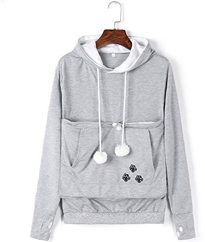 Unisex Kapuzenpullover mit Katzen Hund Großen Tasche, DOTBUY Mode Einfarbig Fußabdrücke Hundetasche Katze Sweatshirt Pulli Hoodie Kapuze Langarm Paare Hoodie Herbst Winter Top Bluse (M,Grau)