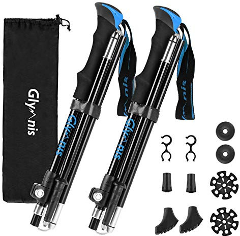 Glymnis Bastoni Trekking Bastoncini da Trekking Pieghevoli e Antiurto 110-130cm 5 Sezioni in Alluminio 7075 Impugnatura in Eva Punta in Carburo di Tungsteno per Escursioni 1 Paio