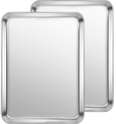 CEKEE Stainless Steel Baking Sheet Set of 2, Cookie Sheet for Baking Pan Tray, Toaster Oven Baking Pan Set, Rectangle Size 16 x 12 x 1 inch, Non Toxic, Mirror Finish & Rust Free, Dishwasher Safe
