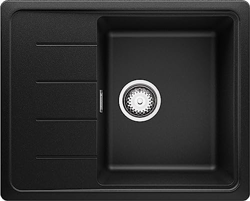 PRIMAGRAN Spülbecken Schwarz 62x50cm, Granitspüle 1 Becken + Ablauf-Set + Schneidebrett, Küchenspüle ab 45er Unterschrank - Kopenhagen S210
