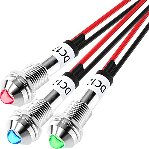 DaierTek LED Indicator Light 12V DC 8MM 5/16 12 Volt Waterproof Metal Led Light Red Blue Green Lamp with Wire Leads for Dash, Car, Truck, Marine, Boat, DIY Appliance -3pcs