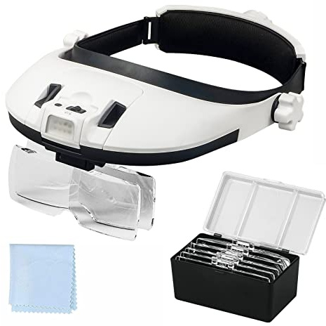 AmsOpto Large Lens Head Magnifier Headband Magnifying Glass with Light Hands free 8 LED Magnifier with White and Yellow Light for Close Work, Crafts, Hobby, Reading, Repairing, Sewing, Jewelry