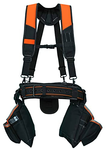 KUNN Werkzeuggürtel mit Hosenträgern – Pro Framer Gürtel/Hosenträger Combo Schürze (abnehmbare Tasche und Hüftgurt) mit mehreren Taschen und Hammerhalter für Tischler, Bau und Elektriker (Grau, XL)