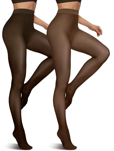 Vertvie 2 Pairs Fleece Lined Tights for Women Thermal Pantyhose Fake Translucent Winter Warm Tights Thick Leggings (300g-Thick Fleece,Coffee Sheer/Black Sheer,Small-Medium)