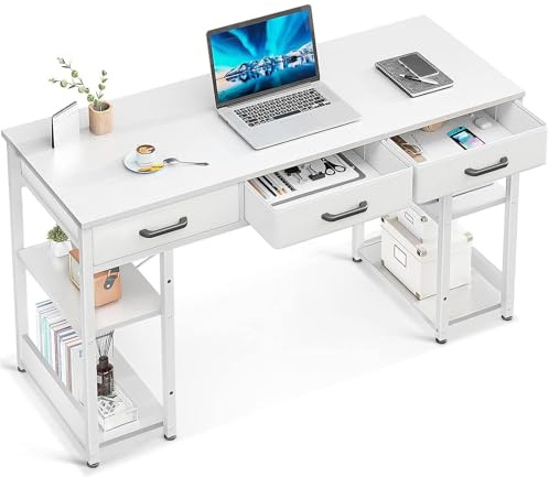 ODK Office Small Computer Desk: Home Table with Fabric Drawers & Storage Shelves, Modern Writing Desk, White, 48x16