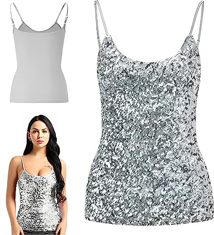 Tops de lentejuelas para mujeres, chaleco de camisetas sin mangas con brillo, correas ajustables, camisetas de blusa de tanques Halter diarias el disfraz de rendimiento de la fiesta del club nocturno