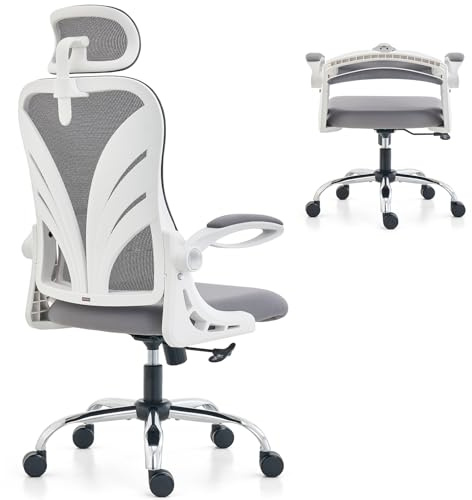 HOLLUDLE Silla de Oficina Ergonómica con Respaldo Plegable, con Reposabrazos, Reposacabezas 2D y Soporte Lumbar de Malla, Giratoria Ejecutiva para Computadora, Blanco