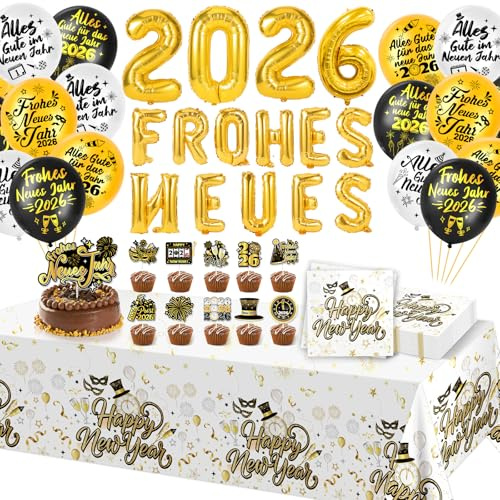 HOWAF Silvester Deko 2026, Frohes Neues Jahr Luftballons Silvester Luftballons 2026 Ballons Happy New Year Servietten Tischdecke Neujahr Cupcake Topper für Tischdeko Neujahr Deko Supplies