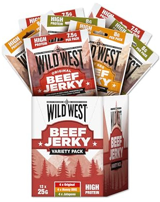 Wild West Beef Jerky, Mix Box 25g, 12er Pack mit 4x Original, 4x Honey BBQ, 4x Jalapeno - Beef Jerky high Protein Trockenfleisch, Protein Snack