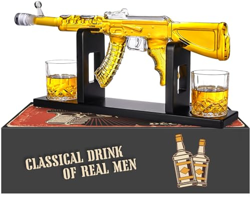 Whiskey Dekanter AK47 Set mit 2 Whiskygläsern, Geschenke für Vatertag, Männer, Vater, einzigartiges Geschenk zum Jahrestag, Geburtstag für ihn, Ehemann, cooles patriotisches Militärgeschenk
