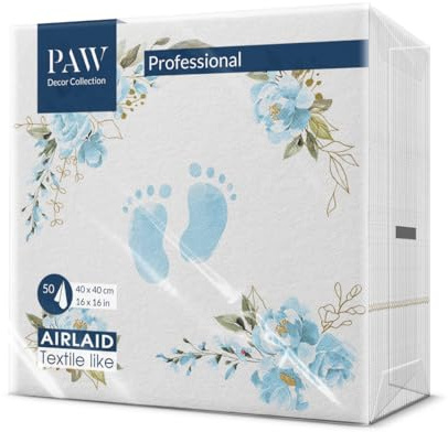 PAW Stoffähnliche Servietten 40 x 40 cm, 50 Stück - Babyfüße Hellblau | Das Airlaid-Material ist reißfest und saugstark, liebevolle Deko für Babyparty und Taufe, edler Rahmen zur Willkommensfeier