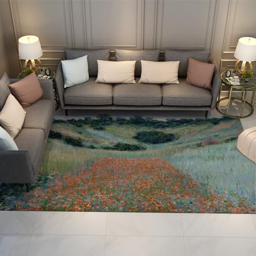 LANDERSION Claude Monet Roter Blumenteppich Blumenmuster Rutschfester Teppich für Wohnzimmer Ländliche Landschaft Teppich für Bauernhaus Esszimmer Kinder Spielzimmer Dekor 160x230cm