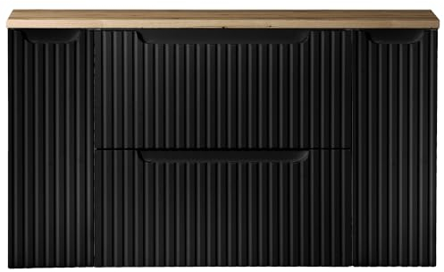 Lomadox Badezimmer Doppelwaschtisch-Unterschrank 140cm, in schwarz mit Eiche, gerillte Front, grifflos