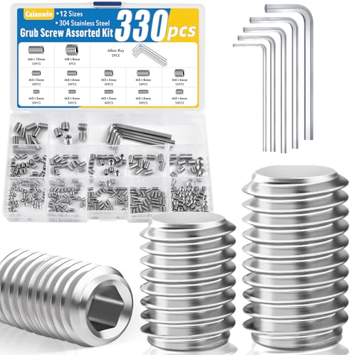 Caianwin 330 Stück Madenschrauben Set M3 M4 M5 M6 M8 Innensechskant Gewindestifte mit Schraubenschlüssel Edelstahl Sechskantkopf Schrauben für Türgriffe,Türklinke, Halterung