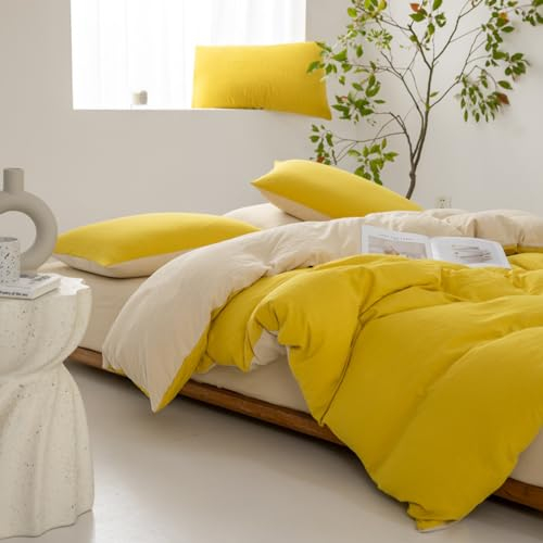 HAIBA Bettwäsche-Sets 150x200cm Gelb/Beige Doppelte Musselin Duvet Cover Baumwolle, Wendebettwäsche mit 1 Kissenbezüge 50cm x 75cm