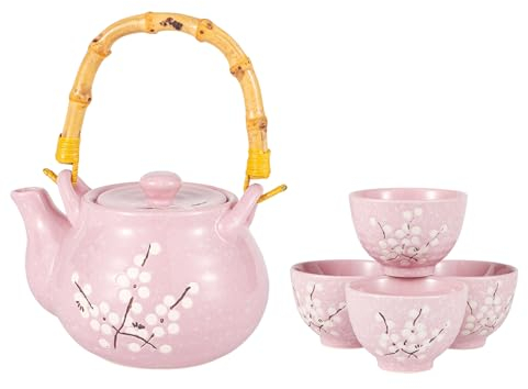 Teeservice mit japanischem Pflaumenblüten-Design, 798 ml, Teekanne mit 4 Tassen, zum Servieren, Heimdekoration, asiatische Fusion, Einweihungsdekoration (Rosa)