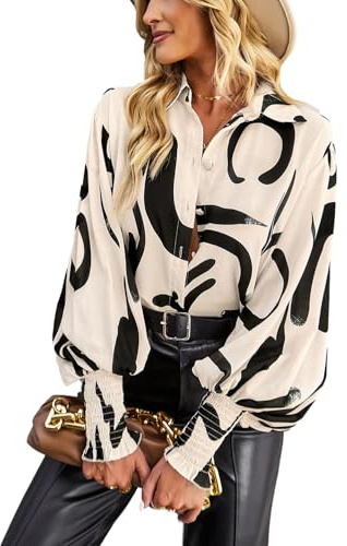 HUXRAKV Casual Imprimée Chemisier Femme Manche Longue Chic et Élégante Chemisier Boutonnée Fluide Hauts à Revers Manches lanternes Tops Automne Hiver,WD15-Amande,XL