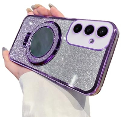 IMEIKONST for Samsung Galaxy S21 FE Case Gradient Glitter Purple DSJ | Makeup Mirror Ring Stand Function, Full Camera Protector, Soft Silicone Shockproof, Plated Transparent Cover for Girl Women