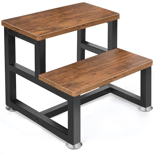 Wooden 2 Step Stool for Adults & Kids, Heavy Duty Bedside Footstool with Non-Slip Feet, Rustic Brown Bed Step for High Beds, Kitchen, Bathroom & Bedroom, Supports 227kg