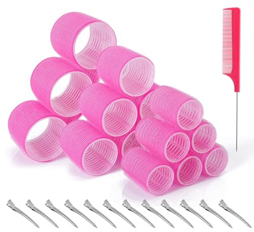 Romon 31 Pezzi Bigodini Grandi Set, 60mm 45mm 36mm Autoafferranti e 12 Pz Fermagli Hair Rollers Boccoli Capelli Senza Calore per Salon Barber, Dormire, Capelli Lunghi e Corti(Rosa)