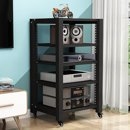 CASEGO Gaming-Regal, Plattenspieler-Ständer, Stereo-Ständer, Audio-Rack, CD-DVD-Vitrine, AV-Medienständer, Eckregal mit Holzregalen für Projektor, PS5, DVD (Black 60x50x100cm)