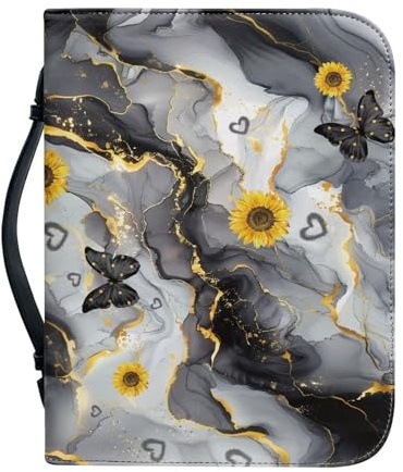 Ceudet Bibelhülle, personalisierbar, PU-Bibelschutz, Buchhülle, Bibel-Tragetasche, Grauer Marmor, Treibsand, Schmetterling, Sonnenblume, M