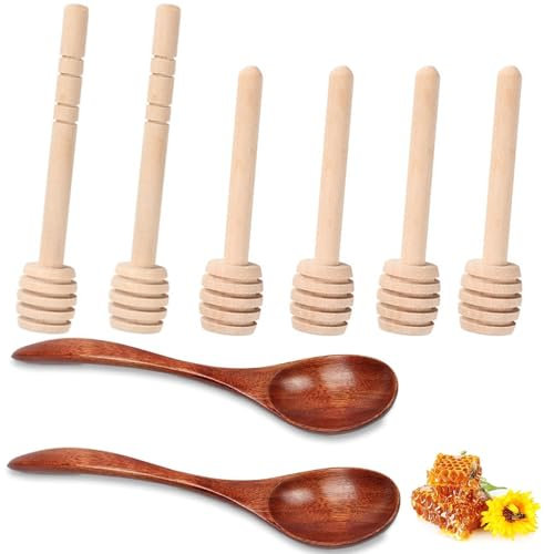 8 Pcs Honey Spoon, 8/10/14cm Honey Stick and Honey Spoon Wooden, Exquisite Wooden Honey Spoon, Honey Dipper, Natural Wooden Spoons for Stirring Honey Coffee Tea Soup Jam