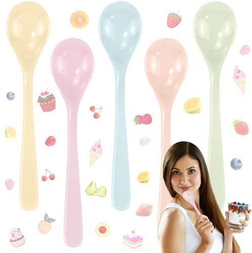 ZRUZUU 5 Stück Plastiklöffel, Eierlöffel, Marmeladenlöffel, Joghurtlöffel, Plastik Löffel, löffel lang, Kunststoff Löffel, Kunststofflöffel, Dessertlöffel, Teelöffel für Kaffee/Eis/Joghurt (5 Farbe)