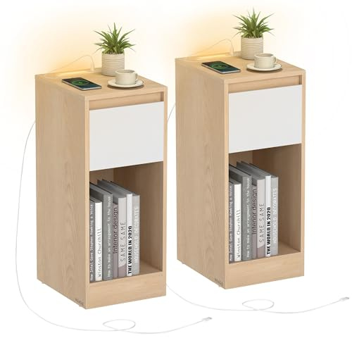 VASAGLE KAILYN Colección - Juego de 2, Mesita de Noche Estrecha, Mesa Auxiliar, con Iluminación LED, 1 Puerto USB-A, 1 Puerto USB-C, Cajón, Dormitorio, Salón, Amarillo Almendra y Blanco Nube LET710Y01