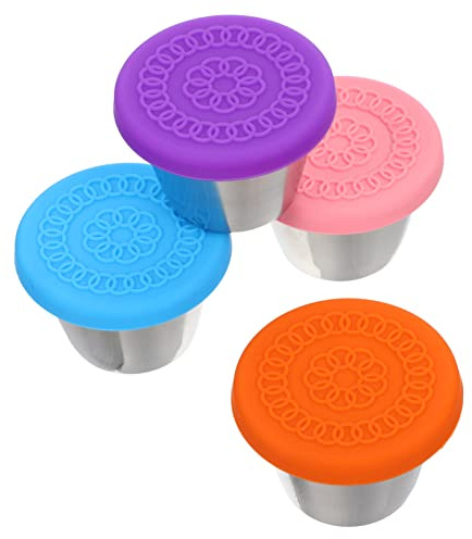 Cabilock Lot de 4 Tasses à Sauce Multifonctions 100% Acier Inoxydable avec Couvercles Colorés pour Usage Ménager, Pique-niques et Préparation Culinaire