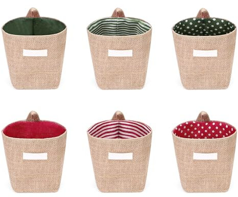 Diakey Lot de 6 petits paniers de rangement muraux pliables en toile de jute avec crochets en S pour maison, bureau, buanderie, dortoir