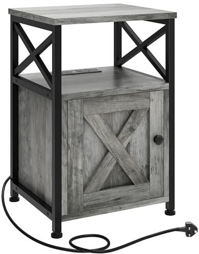 YITAHOME Multipurpose Side Table, Bedside Table with Storage Cabinet, X-Shaped Sofa End Table with Integrated Charging Station, 2 USB Ports & Power Outlets, Metal Frame, Grey, 40x35x60cm