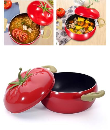 Pentola in Ghisa Smaltata con Coperchio - Design a Forma di Pomodoro, Pentola Antiaderente per Zuppe e Pasta, Uso Versatile, Adatta per Gas e Induzione