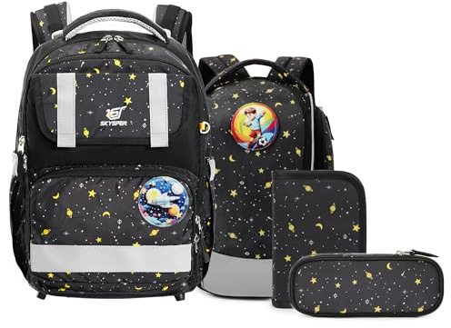 SKYSPER Schulranzen-Set 5-teilig, Schulrucksack Ergonomischer Tragesystem | 16L Schulranzen mit 360° Reflektorstreifen für Mädchen Gungen Kinder 1. klasse für Reisen Sport