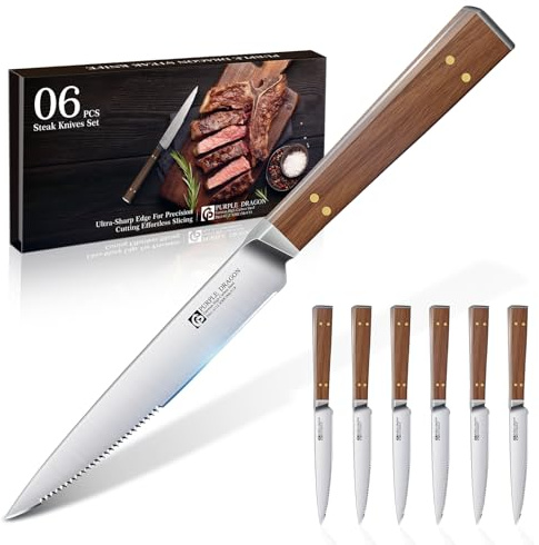 Purple Dragon Steakmesser 6er Set mit Wellenschliff - Holzgriff, Edelstahl | Steakmesser Wellenschliff, ergonomischer Holzgriff, hochwertiger Edelstahl, Steakbesteck, Küche, Umzug, Geburtstag, Neujahr