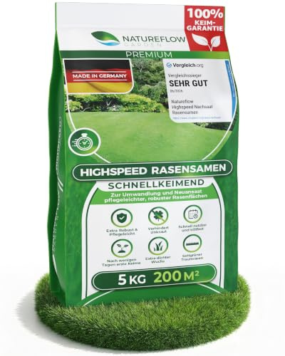 Rasensamen schnellkeimend Sommer 5kg – TEST SEHR GUT – Grassamen schnellkeimend Rasen Nachsaat Made in Germany – Rasensaat 200qm - Rasensamen Sommer Samen von Natureflow