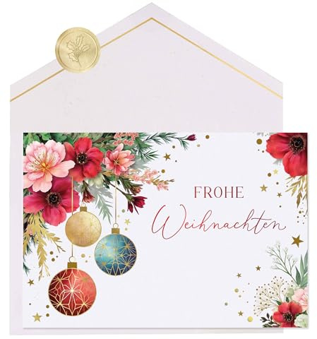 Joli Coon Premium Weihnachtskarte ELEGANT, mit FinePaper Kuvert | 300g Perlmuttpapier, Schimmereffekt, Goldveredelung, goldender Siegelsticker, für persönliche Weihnachtsgrüße