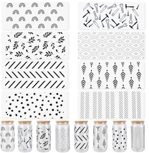 SOFPLATE 8 hoja de 8 estilos de Calcomanías para Vasos de Vidrio Transferencia UV DTF Envoltura de Botellas Línea Blanca Y Negra Hojas de Plástico Etiquetas Decorativas Personalizadas Impermeables par