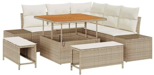vidaXL 8-delad hörnsoffgrupp med kuddar i beige poly rattan och stålram. Moderna utomhusmöbler för 5 personer. Perfekt för patio och trädgård. Loungearrangemang på terrassen, modulär uppsättning som