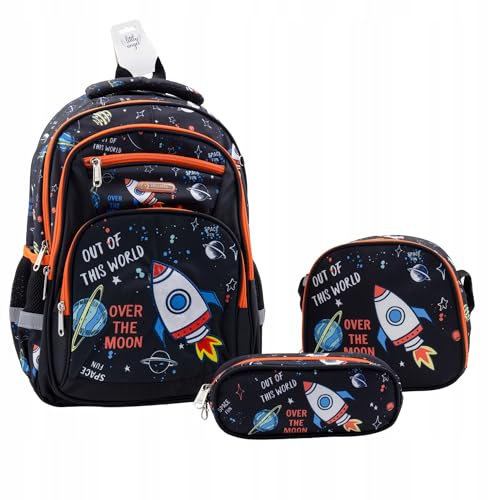 Little Angel Jungen Schulrucksack Set 3-teilig – Weltraum Rucksack mit Rakete + Federmäppchen + Brottasche – Schulranzen für Grundschule, ergonomischer & anpassbarer Tornister – Kinder Rucksack