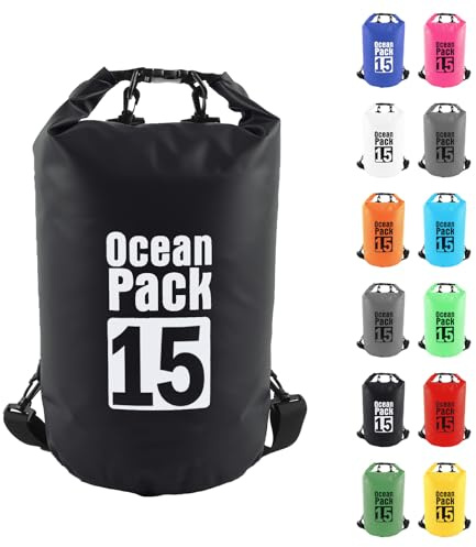 MOMAHUA Dry Bag 15L wasserdichte Tasche, Schwarz Dry Bag 2L/5L/10L/15L/20L/25L/30L mit Verstellbarem Gurt, Schützt Telefon/Karte, Roll Top Wasserdichter Beutel Rucksack für Schwimmen/Rafting