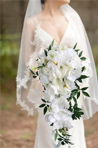 SBJKLYRN bouquet， Bouquet da sposa a cascata, bianco avorio da 9,8 pollici, bouquet di fiori di calla artificiali for cerimonia di matrimonio, anniversario e festa