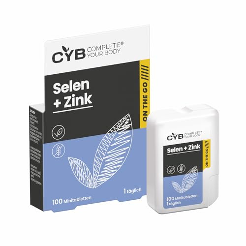 CYB ON THE GO Minitabletten, 100 kleine, leicht verdauliche Tabletten im praktischen Spender – Selen + Zink – Fruchtbarkeit und Fortpflanzung, Haare, Nägel, Schilddrüse, Immunsystem