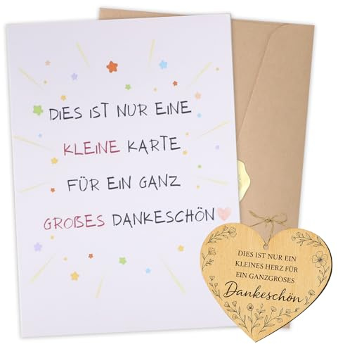 DOINEUFL Dankeschön Geschenk Kleines, Dankeskarte mit Umschlag, goldene Herzaufkleber und Holzkarte Herzform, Heimwerken Dankeschön Geschenk für Freunde, Familie, Kollegen, Lehrern uvm