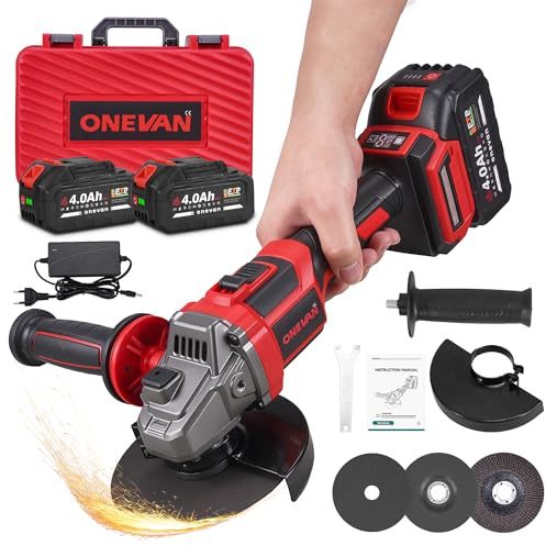 ONEVAN Meuleuse d'angle sans fil Professionnelle 125mm 20V Brushless 4.0Ah Double Batterie, 8000 RPM – Meuleuse à angle avec cache à verrouillage rapide, poignée anti-vibrations, 24800 tr/min
