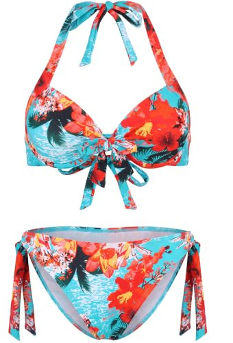 Ocean Blues Women's Blue Floral Push Up Bikini Set Underwire Halter Neck Top & Low Rise Cheeky Bottoms, Adjustable Ties Size Large