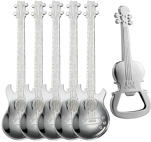 Lot de 6 Cuillères à Café Guitare en Acier Inoxydable - Petites Cuillères à Dessert Créatives - Idée Cadeau Original pour Musiciens, Noël et Anniversaire - Coffret Vaisselle Musicale