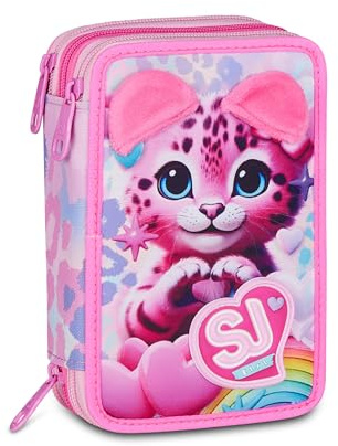 SJ GANG STYLE JAM GANG Astuccio Scuola 3 Zip HEART BUDDY GIRL, Rosa, Triplo Scomparto, 45 pezzi, Set cancelleria incluso, Pratica chiusura con zip, Scuola elementare, Bambina